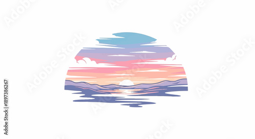 Pixel art sunset landscape over water with mountains under a pastel sky, framed in a unique shape
