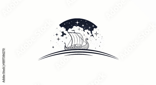 Illustration of a stylized longboat sailing on a curved horizon under a starry night sky with clouds