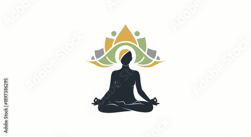 Stylized silhouette of a person meditating in a lotus pose with a colorful abstract lotus flower above