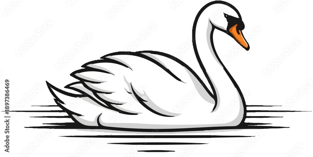 Fototapeta premium Stylized illustration of a white swan with an orange beak floating on water, outlined in black