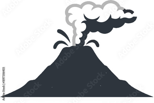 Stylized dark grey volcano erupting with grey smoke and molten splashes against a white background