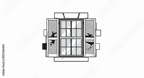 Stylized black and white illustration of an old window with open, damaged shutters. White background