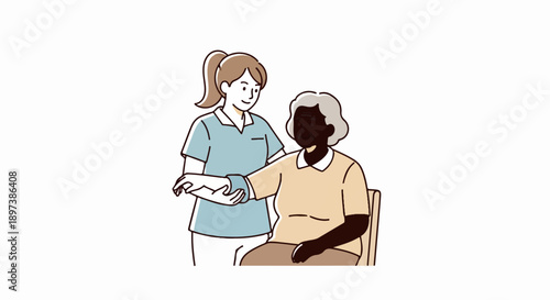 Illustration of a caregiver gently assisting an elderly person with arm movement, demonstrating support and care