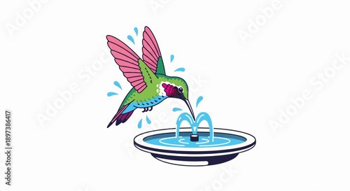Colorful cartoon hummingbird hovers, drinking water from a bird bath fountain on a white background