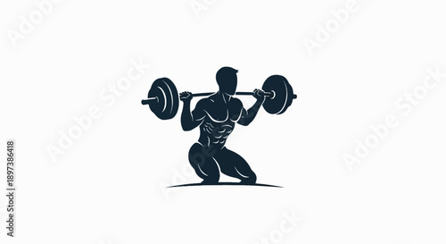 Muscular man in a dark silhouette performing a barbell squat, showcasing strength and fitness