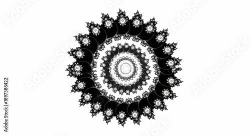 Intricate black and white fractal illustration of a circular, self-similar pattern on a stark white background