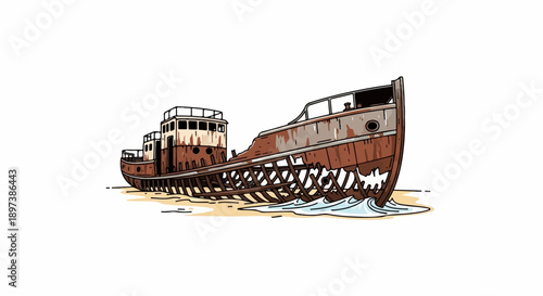 Cartoon illustration of a rusted, broken shipwreck stranded on a sandy beach with gentle waves