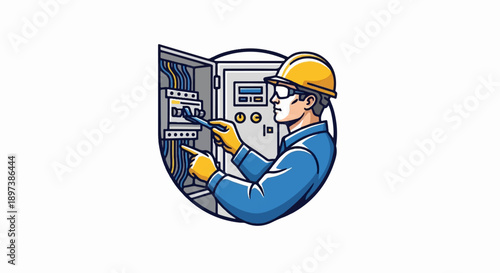 An electrician in a hard hat and safety glasses works on an electrical control panel with tools