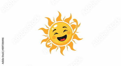 Smiling cartoon sun with closed eyes, rosy cheeks, open mouth, and dynamic orange rays on white background