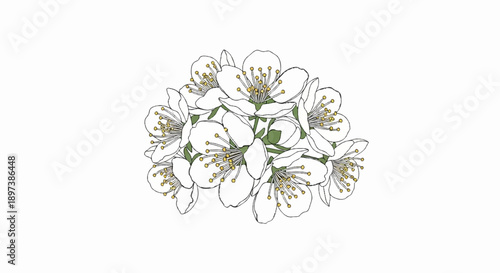 Simple vector illustration of a cluster of white blossoms with yellow stamen and green leaves, against white