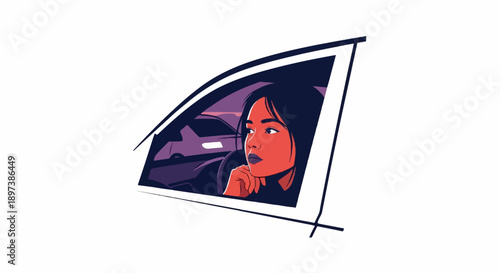 Vibrant graphic illustration of a thoughtful woman looking out a car window at a purple dusk scene