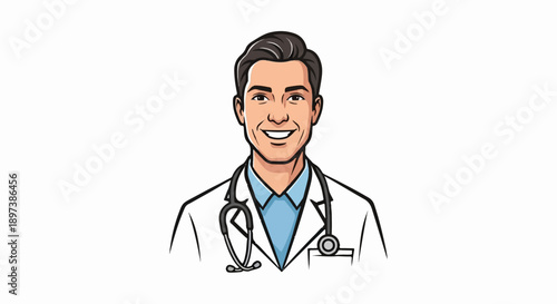 Smiling cartoon illustration of a male doctor in a white lab coat with a stethoscope, head and shoulders