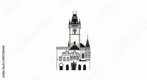 Simple illustration of a historical building featuring a tall clock tower, outlined in black on white