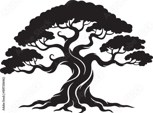 Majestic bonsai-style tree silhouette black vector image