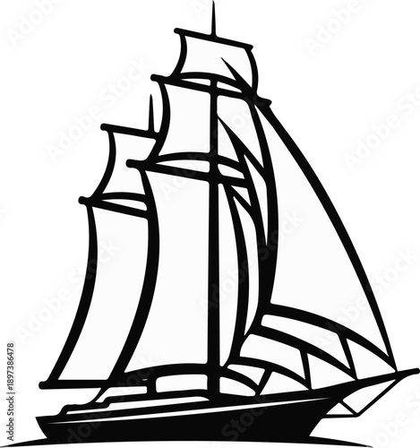 Stylized black outline illustration of a classic tall ship with multiple masts and sails on the water