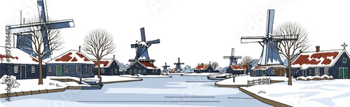 An illustrated winter scene of a village with windmills, snow-covered houses, and a frozen canal