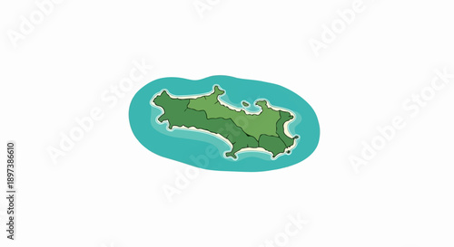 Cartoon island illustration with varying green landmasses and light blue water, depicting a simplified map
