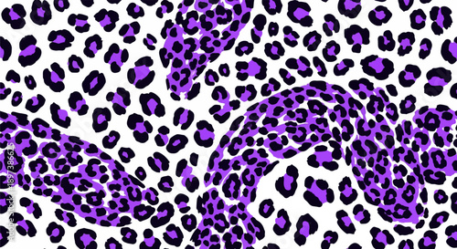 Vibrant leopard print pattern with purple and black spots on a white background, featuring large abstract purple shapes