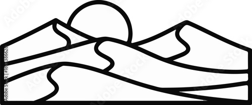 Simple black outline illustration of desert sand dunes with a sun rising or setting in the background