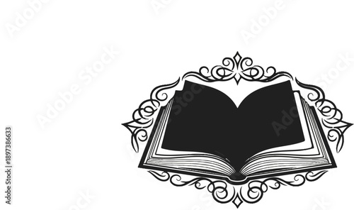 Black and white illustration of an open book with blank pages, set within an ornate, swirling decorative frame