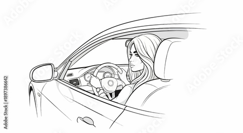 Side view illustration of a woman with flowing hair intently driving a modern car