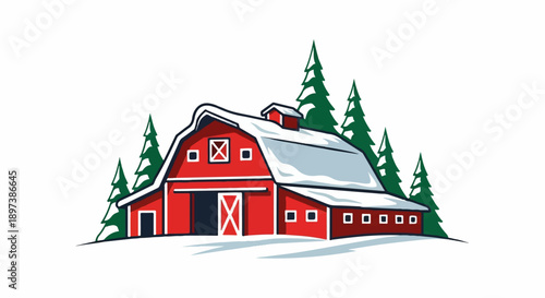 Charming illustration of a classic red barn covered in snow, nestled among green pine trees on a winter day
