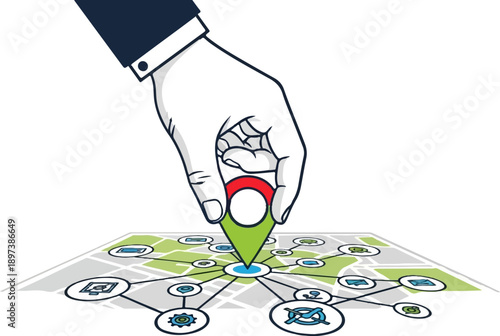 Hand placing a green location pin on a grey and green map showing interconnected digital service icons