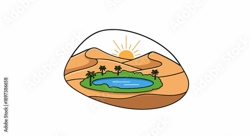 Cartoon oasis scene with blue water, green palms, and sandy dunes under a rising sun illustration
