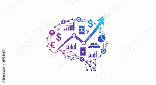 Gradient brain filled with interconnected financial icons and data visualizations, showing upward growth