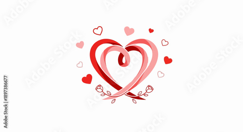 Stylized heart ribbons in red and pink hues, surrounded by small hearts and rose outlines on white