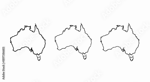 Three simple black outline maps of the Australian continent and country on a white background
