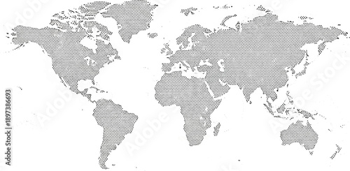 Stylized world map showing continents and countries in a black hexagonal dot pattern on a white background