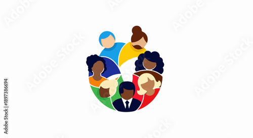 Diverse group of stylized people's heads in a colorful circle, representing community and inclusion