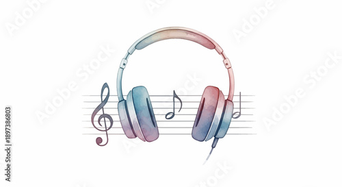 Watercolor headphones in blue and pink tones with musical notes and a treble clef on staff lines