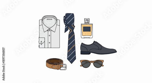 Flat lay illustration of men's formal and casual accessories shirt, tie, belt, shoe, cologne, sunglasses