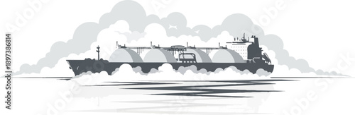 Grayscale illustration of a large liquefied natural gas tanker ship sailing on the sea with a cloudy sky