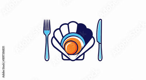 Stylized illustration of a blue fork, a clam shell with an orange pearl, and a blue knife