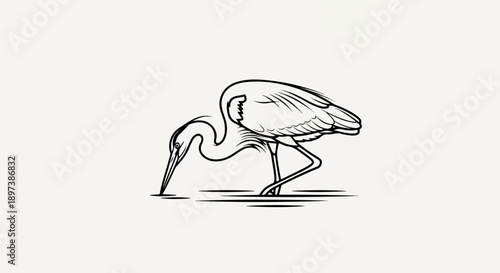 Minimalist black line art of a wading bird with its beak in water, stylized with brushstrokes, on a plain white background