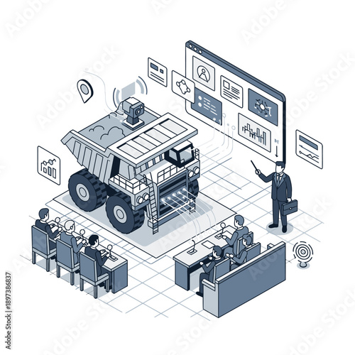 Isometric illustration of a mining truck with a man presenting data to a team in a modern office setting.