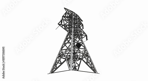 Black and white illustration of a tall electrical transmission tower against a plain white background