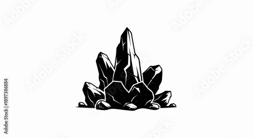 Stylized black and white illustration of a cluster of faceted crystals against a plain background