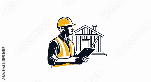 Illustration of a construction worker in hard hat and safety vest with clipboard, house frame background
