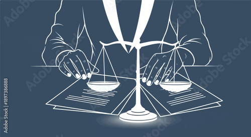 Illustration of a person's hands on a table with a classic scale of justice and legal documents