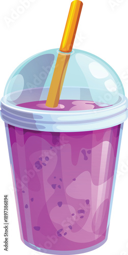 Purple violet smoothie drink in a clear plastic cup with dome lid and yellow straw. Cartoon vector tasty refreshing fruit or berry beverage for summer menu. Healthy food, dessert, smoothie shake drink