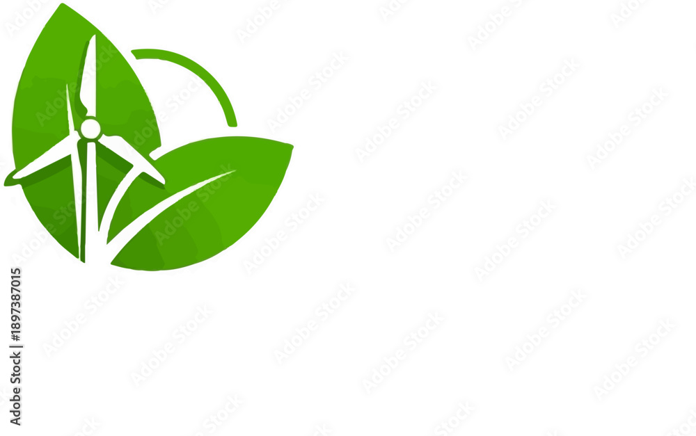 Obraz premium Stylized green leaves frame a white wind turbine, with a green arc. Symbolizing renewable energy and nature