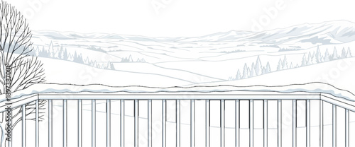 An illustration of a snowy mountain landscape viewed from a balcony with a bare tree