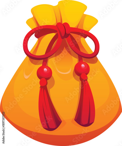 Yellow Asian fortune pouch and purse, Chinese lucky money bag with golden coins. Cartoon silk money wallet tied with a red rope knot and beaded tassels. Vector bag for holiday greetings, CNY designs