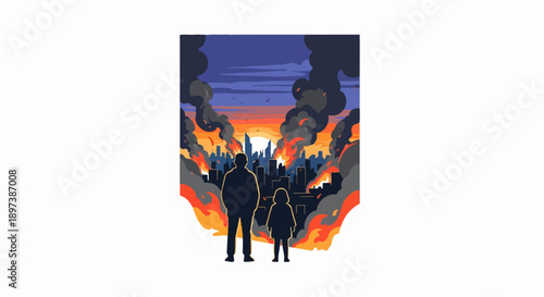 Silhouettes of two people observe a cityscape engulfed in flames and smoke under a fiery sunset sky