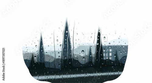 Raindrops trickle down a windowpane, blurring a dark, minimalist cityscape or forest silhouette against a light sky