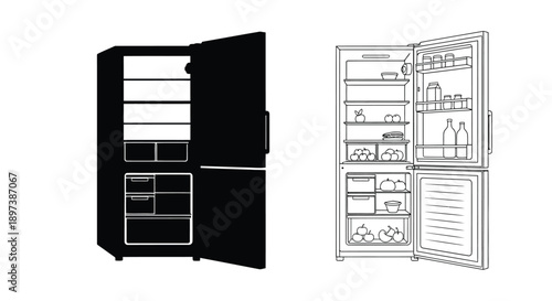 Line art illustration of a refrigerator with an open door and interior